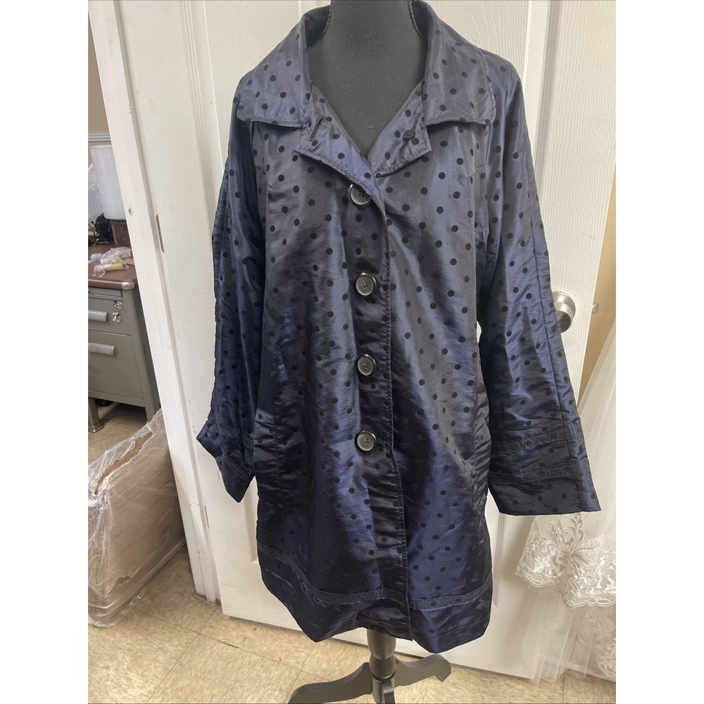 Ubu Womens Jacket Raincoat SZ LG Navy Polka Dot Green Lining With Pockets Chic